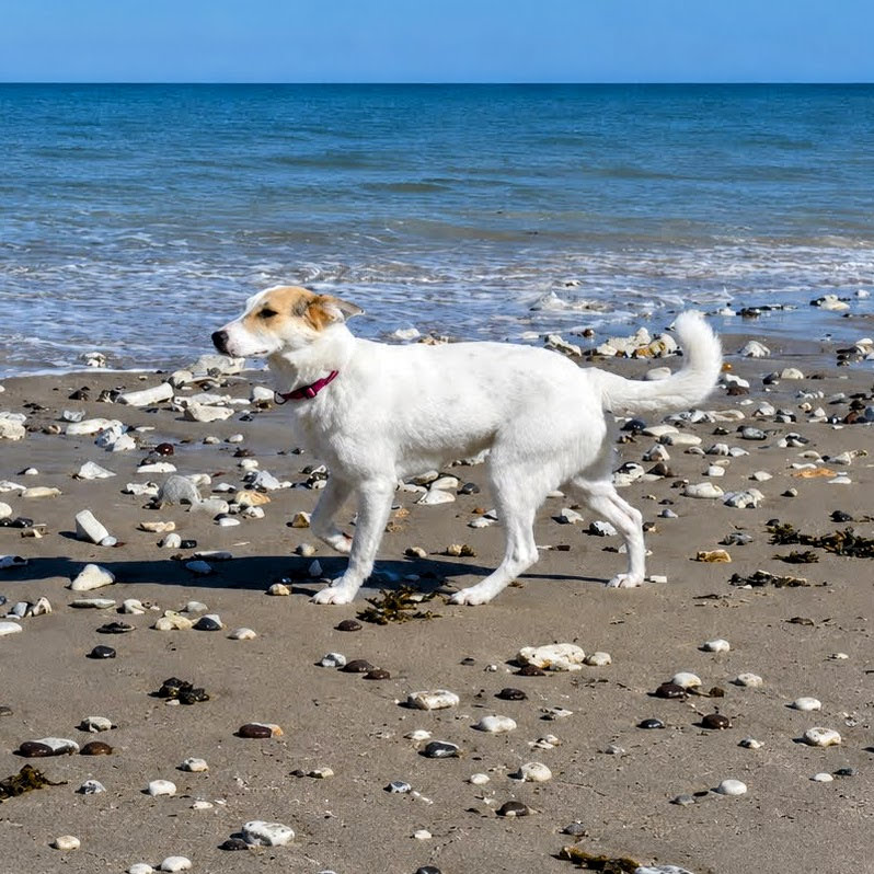 Inkens Hündin am Strand mit Steinen