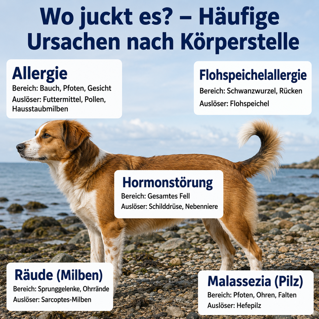 Infografik: Wo juckt es – Häufige Ursachen nach Körperstelle beim Hund